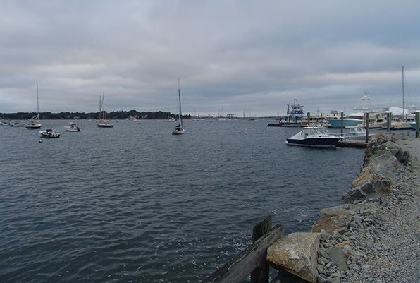Despite armoring sections of the Wickford Harbor shoreline with riprap, the village is at risk of significant damage from 3 feet of sea-level rise. (Frank Carini/ecoRI News)
