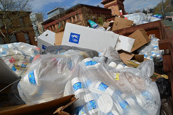 The recyclables and compostables generated at the event were tossed in Dumpsters destined for a landfill or incinerator.