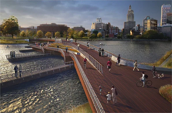 Bridge view looking west. The lower deck of the new pedestrian bridge will not extend the width of the river; instead it will join the upper deck via a terraced staircase. Access to two of the bridge’s foundational piers will be incorporated into the final construction. (Providence Department of Planning & Development renderings)