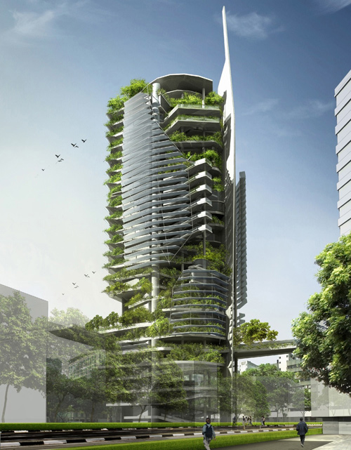 This proposed vertical-farming tower to be built in Singapore would be 26 stories high, more than half its surface area would be covered by native vegetation, and solar panels would generate about 40 percent of the building’s energy needs. Could a similar vertical-farming structure be built on some of the I-195 land in Providence? (T.R.Hamzah & Yeang Sdn.Bhd.)