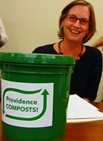 Sheila Dormody with a Providence Composts! food-scrap bucket. (ecoRI News)