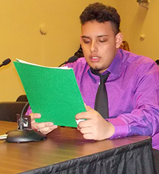 Juanita Sanchez High School senior Carlos Mendez: 'Disposable plastic bags are major threat to Rhode Island.' (Tim Faulkner/ecoRI News staff)