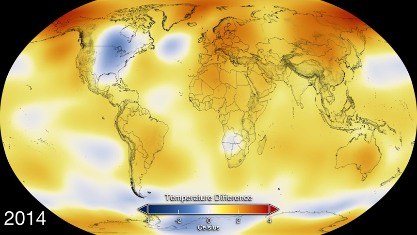 The Northeast joined much of the eastern half of the United States as one of the few moderate temperature zones in 2014. (NASA)