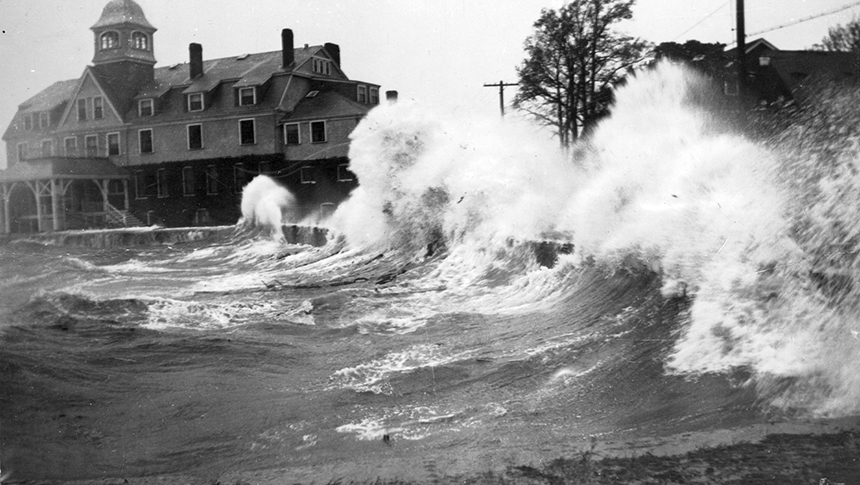 Waves crashing onshore in Woods Hole, Mass., during the 1938 hurricane. Large waves associated with intense hurricanes can erode and transport coastal sediments and destroy infrastructure. (Northeast Fisheries Science Center in Woods Hole)