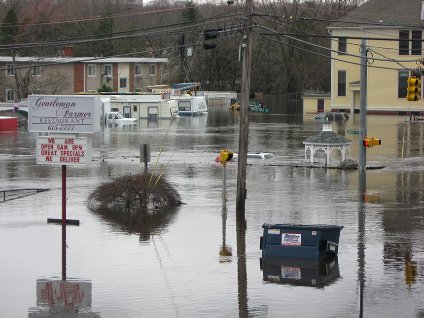 The floods of March 2010 left the intersection of Providence, River and Wakefield streets in West Warwick, R.I., underwater. (NOAA)