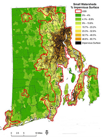 Much of Rhode Island’s impervious cover is contained within the urban services boundary, which is outlined in red. (DEM)