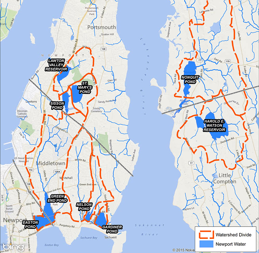 The Newport Water System’s nine drinking-water sources, on and off Aquidneck Island, are impaired by nutrient overloads largely caused by stormwater running off impervious surfaces. (RIDEM)