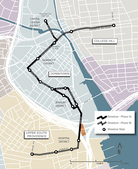The latest version of the Providence streetcar plan is for it to have two phases, 1.6-mile route and a 0.6-mile one. Click here for larger image. (Providence Streetcar)