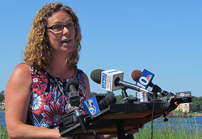 Rep. Teresa Tanzi, a longtime proponent of banning cesspools, spoke at the July 22 bill signing. (Tim Faulkner/ecoRI News)
