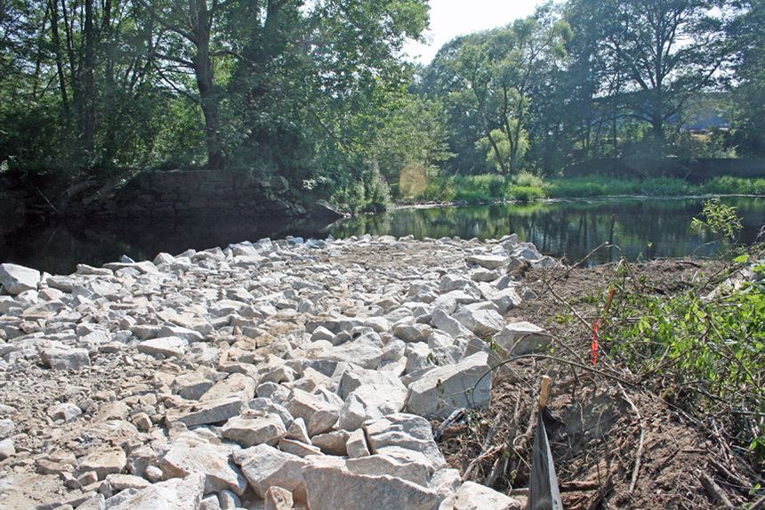 The sluiceway is on the left and White Rock Dam is on the right.