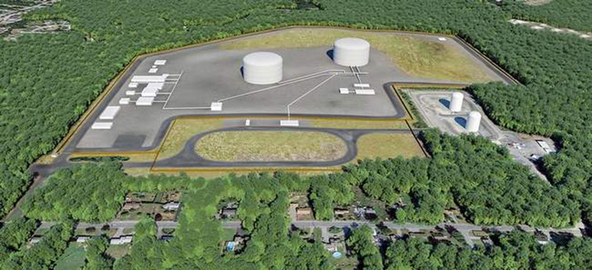 An artist’s rendering of what the retooled Acushnet, Mass., LNG site would look like with two bigger storage tanks for liquified natural gas. The smaller tanks currently on the property, to the right, would remain. (Eversource Energy)
