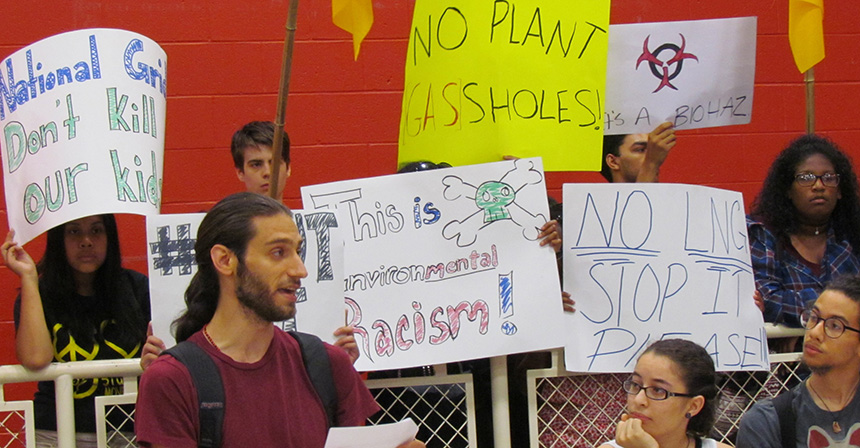 Activist Julian Rodriguez-Drix recently spoke in opposition to a proposed liquified natural gas project for Providence’s waterfront. (Tim Faulkner/ecoRI News)