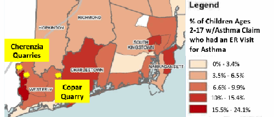 Quarry opponents are concerned there is a link between local quarrying operations, prevailing winds and child asthma rates in Charlestown and Westerly. (Charles Marsh graphic/ R.I. DOH source )