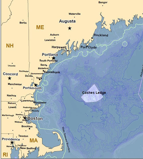 Cashes Ledge, about 80 miles east of Cape Ann, Mass., is a unique underwater mountain range. The specific area mentioned in the NOAA agenda for the Sept. 15 hearing is southeast of Cape Cod. (CLF)