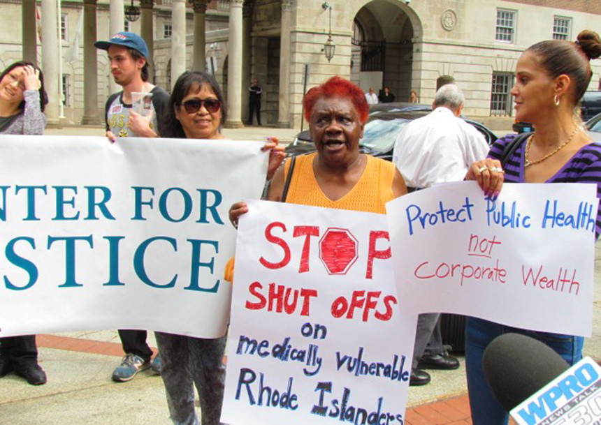 Activists recently gathered outside Superior Court in Providence to protest National Grid shutting off power of some low-income and disabled customers. (Tim Faulkner/ecoRI News)