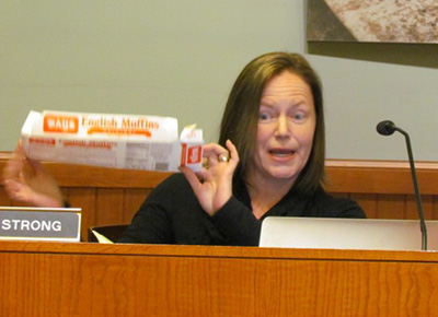 Barrington Town Council member Ann Strong, who opposes a bag ban, says all non-recyclable items should then be pulled from store shelves. (Tim Faulkner/ecoRI News photos)