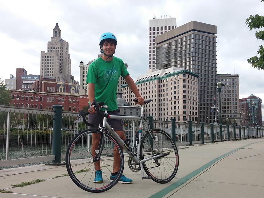 Luke Rein describes his 1989 Cannondale bicycle as ‘the finest bike I have ever ridden.’ He will use it this fall as he pedals from Providence to Los Angeles. (Kevin Proft/ecoRI News)