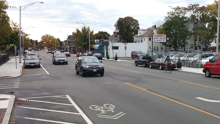 DOT chose to include sharrows on Elmwood Avenue rather than incorporate separated or on-road bike lanes during a recent resurfacing project. Advocacy organizations had requested DOT include bike lanes on Elmwood Avenue, which they consider ‘a gateway to several key recreational attractions.’ (Kevin Proft/ecoRI News photos)