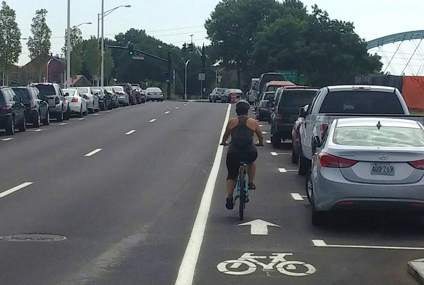 DOT included bike lanes when reconstructing South Water Street in the I-195 redevelopment zone. The lanes are narrow by the standards of the agency’s own guidelines and leave bicyclists in danger of being ‘doored’ by drivers exiting their cars.