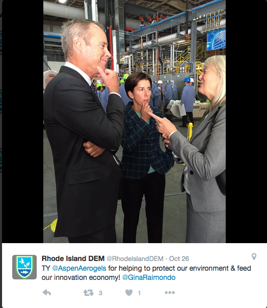 This tweet was sent out after the recent celebration of the expansion of an East Providence business — an event attended by Gov. Gina Raimondo, middle, and DEM director Janet Coit, right. (DEM Twitter)
