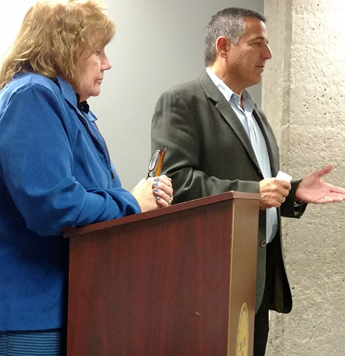Cathy Goulin, left, owner of Express Mattress Recyclers, and Preston Halperin, owner of the building on Bourne Avenue, spoke at a recent public hearing, saying the company doesn’t recycle. It's operating in a special business district that prohibits recycling businesses.