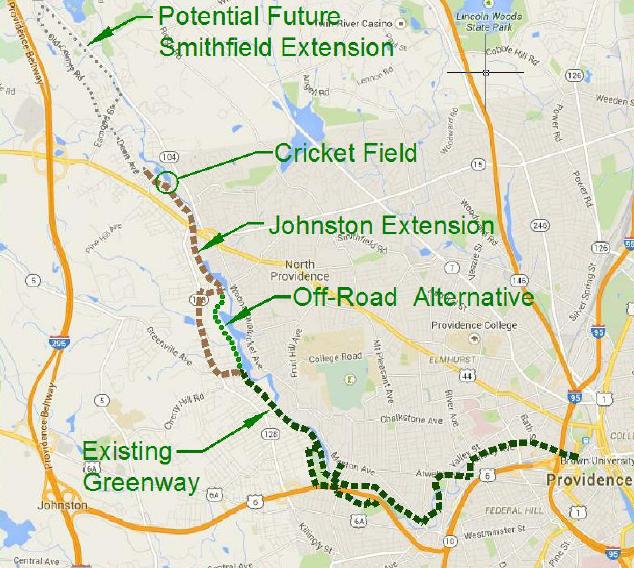 If Johnston votes to begin the concept-design phase, various routes will be considered, presented to the public and modified over several years. The town will then vote on whether to build any of the resulting options. This map shows two potential routes, but neither has been significantly researched or officially proposed. (WRWC)