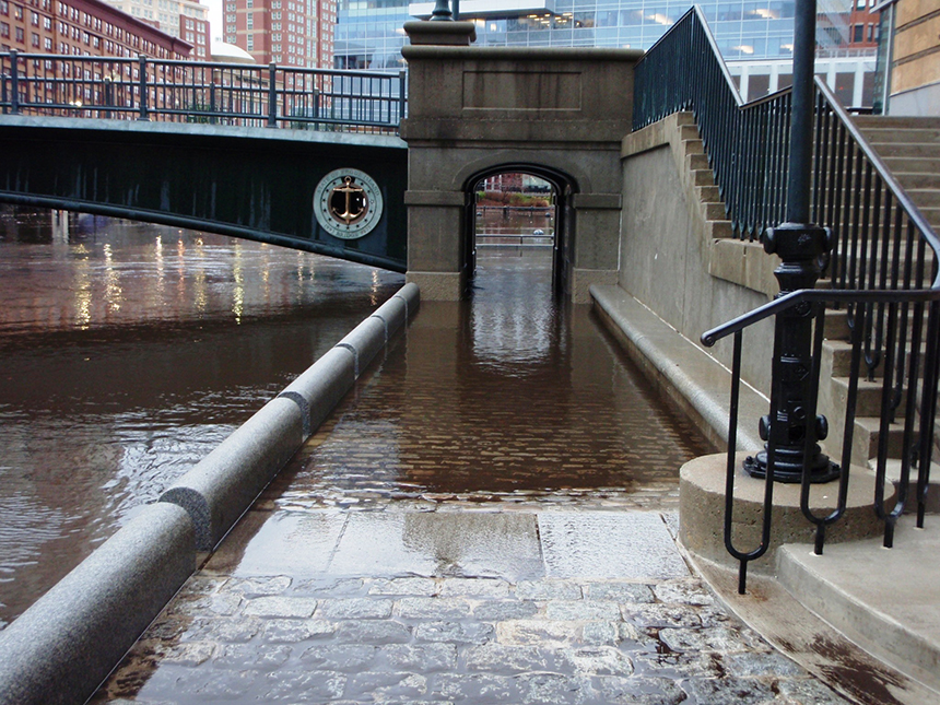 On Dec. 12, 2008, Waterplace Park in Providence got a preview of what 3 feet of sea-level rise will look like, as 2.7 feet of flooding washed out much of the area’s riverside walkways. (James Boyd/CRMC)
