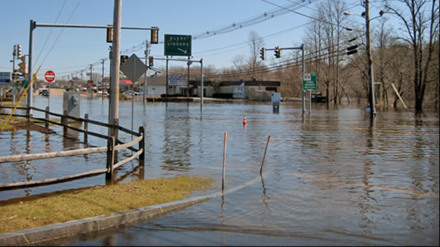 Floodwaters from the Taunton River flooded the junction of Route 44 and Route 104 in Taunton, Mass., during the March floods of 2010. (NOAA)