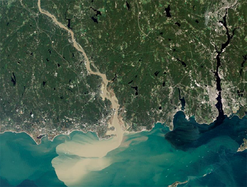 The Connecticut River spewed sediment into Long Island Sound on Sept. 2, 2011 — evidence of widespread erosion throughout the region during tropical storm Irene’s visit. (UMass Amherst)