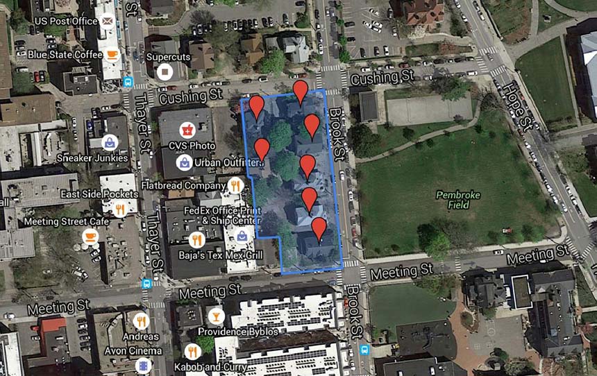 The seven homes Brown University plans to demolish, and a rough outline of the boundaries of the proposed parking lot. (Google Maps)