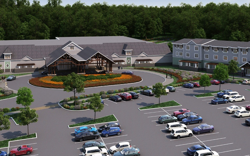An artist’s rendering of what the proposed Tiverton, R.I., casino would look like: a two-story, 85,000-square-foot facility with an attached 84-room hotel and 1,100 surface parking spaces. (TRMG)