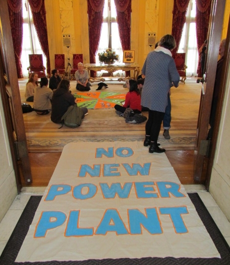 Climate activists occupied Gov. Gina Raimondo's office on April 19. (Tim Faulkner/ecoRI News)