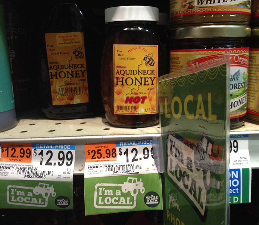 Lots of signage and labeling that says ‘local’ doesn’t guarantee a product is, especially in the honey business where fraud is rampant and verification difficult or nonexistent. The owner of Rhode Island-based Aquidneck Honey told ecoRI News last year that he gets all of his honey from hives in Rhode Island, Massachusetts, Connecticut and New York. (ecoRI News)