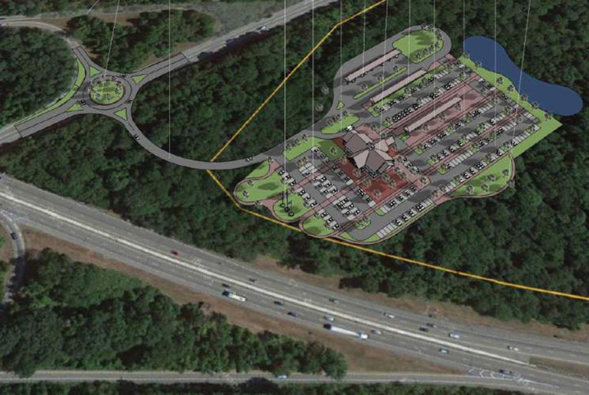 The state’s proposed travel center would be built on 20 acres of forest in Hopkinton. (RIDOT)