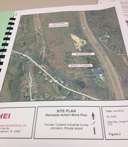 Documents on file at DEM show that the site of the proposed Citizens Bank corporate campus in the Johnston woods is largely forested, with small homes along Greenville Avenue, Route 5, and bordered to the west by utility easements. The former landfill on the 109-acre property, the area encircled in red above, is about 300 yards west of Interstate 295 and half a mile north of Route 5. (Frank Carini/ecoRI News)