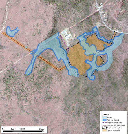 The site of the proposed Clear River Energy Center from a map on page 77 of Invenergy’s application. The blue represents wetland areas. The broken black lines represent the power plant’s footprint.