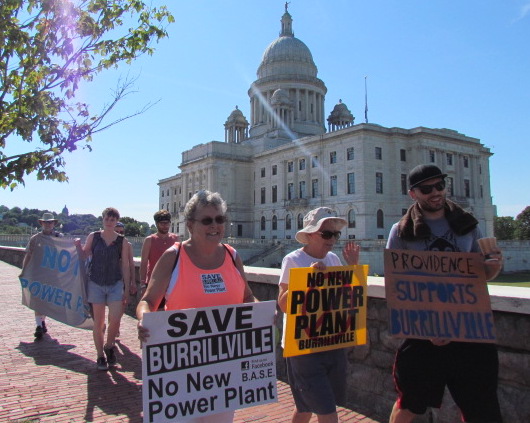 Sisters Mary Pendergast, left, and Ginny Burke, center, joined activists on the three-day march to Burrillville, R.I., to protest the proposed Clear River Energy Center. (Tim Faulkner/ecoRI News photos)