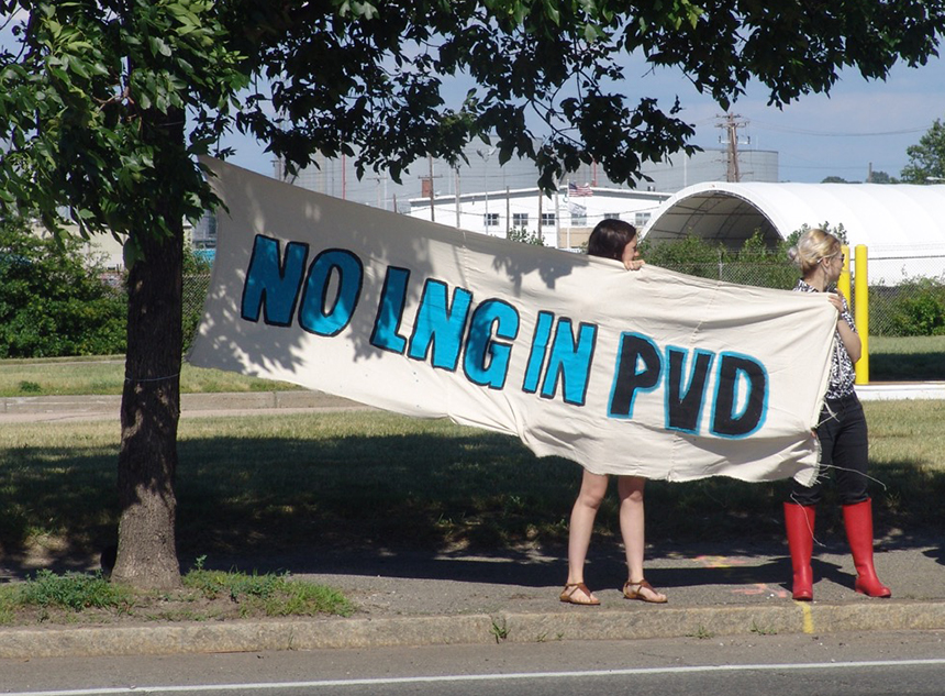 Late last month activists took to the streets to protest the liquefied natural gas facility proposed for the Providence waterfront. (Sophie Kasakove/ecoRI News)