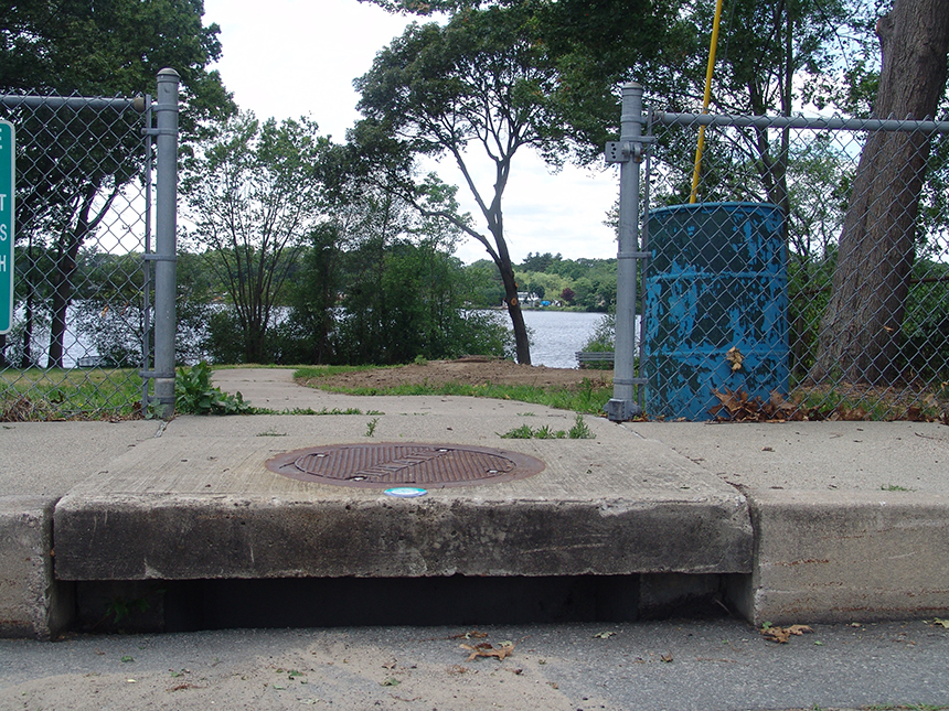 Eleven storm drains discharge polluted runoff directly into Warwick Pond. (Frank Carini/ecoRI News photos)