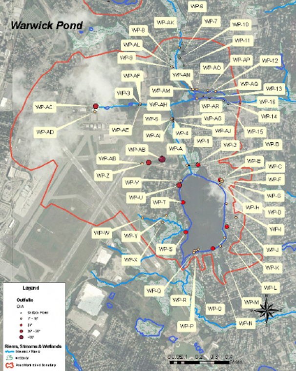 A map of the Warwick Pond watershed and identified point sources for pollution, such as storm drains. (DEM)