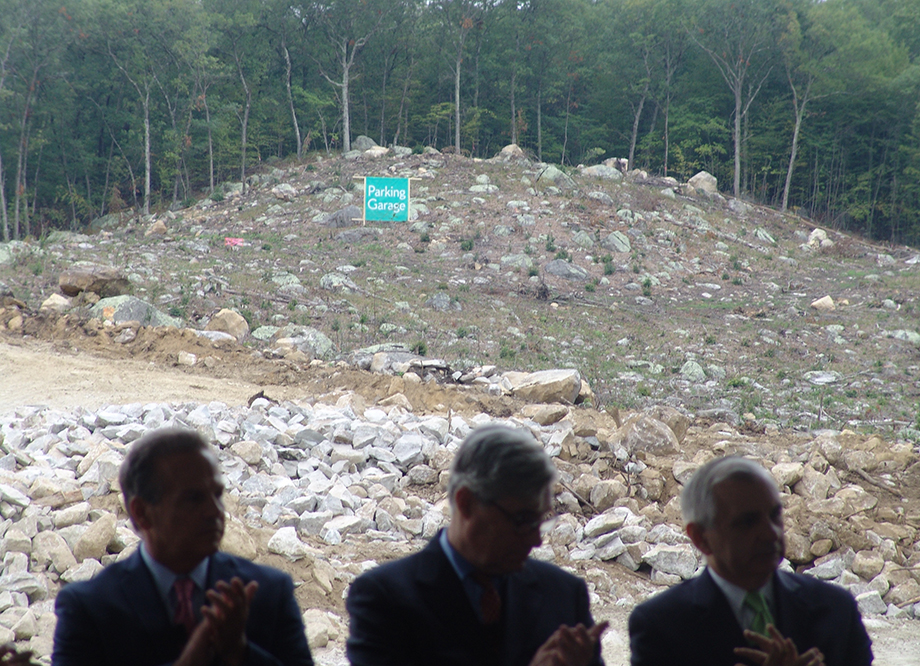 Rep. David Cicilline, left, Sen. Sheldon Whitehouse, middle, and Sen. Jack Reed applaud something wonderful said about another politician, bureaucrat or executive during the recent groundbreaking of an office park in the Johnston, R.I., woods. (Frank Carini/ecoRI News photos)