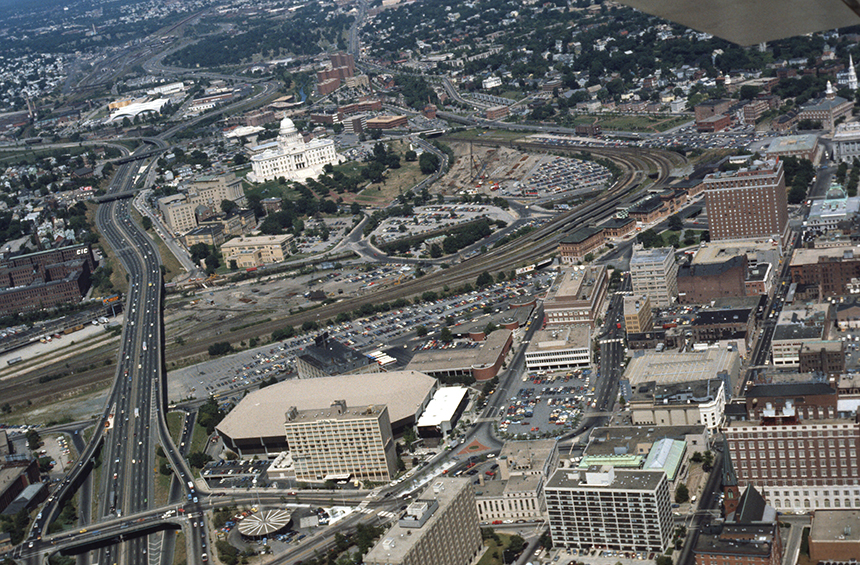 This 1983 photo provides a view of Interstate 95, the Providence Civic Center and the Capital Center before redevelopment. (Rhode Island College)
