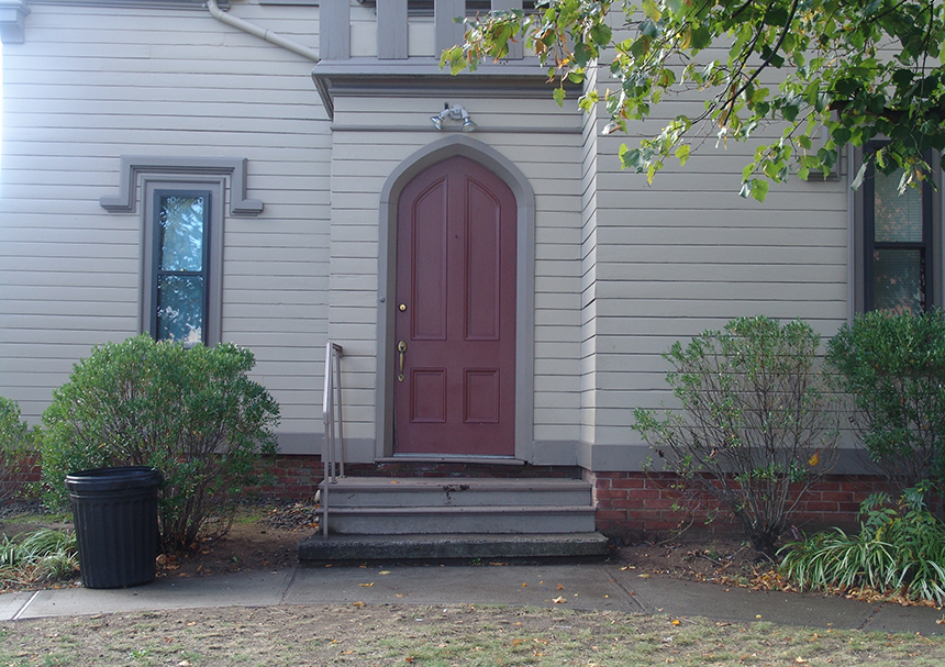 The steps of the caretaker’s house at Grace Church Cemetery on Providence’s South Side are often used by the homeless as a place to sleep.