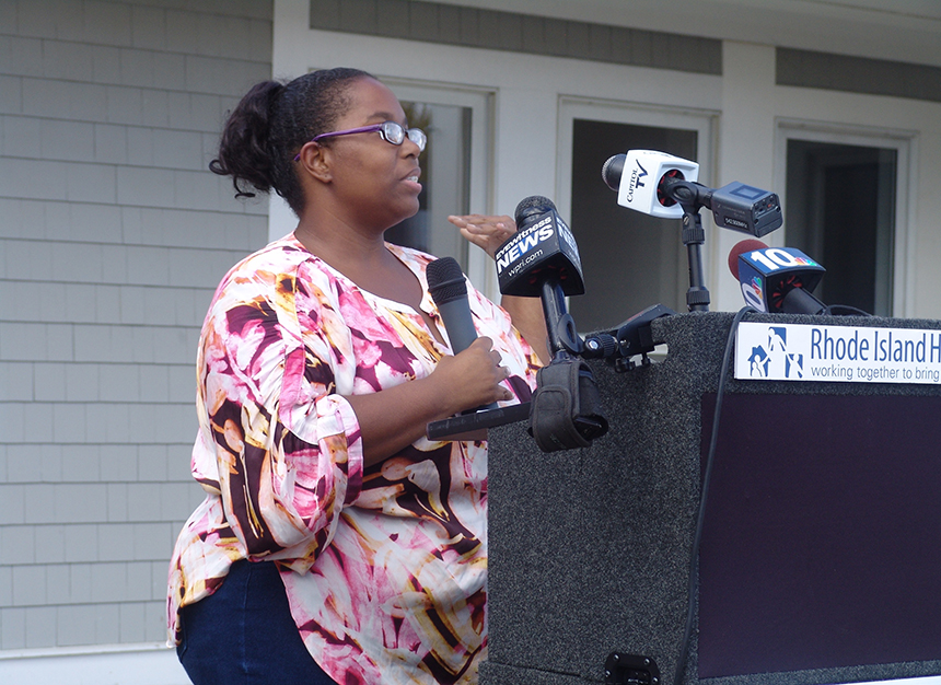 Tara D’Ambra, a former client of Lucy’s Hearth, used the Middletown, R.I., shelter to get her life back in order. She was the featured speaker at the recent event to celebrate the organization’s new home. (Frank Carini/ecoRI News photos)