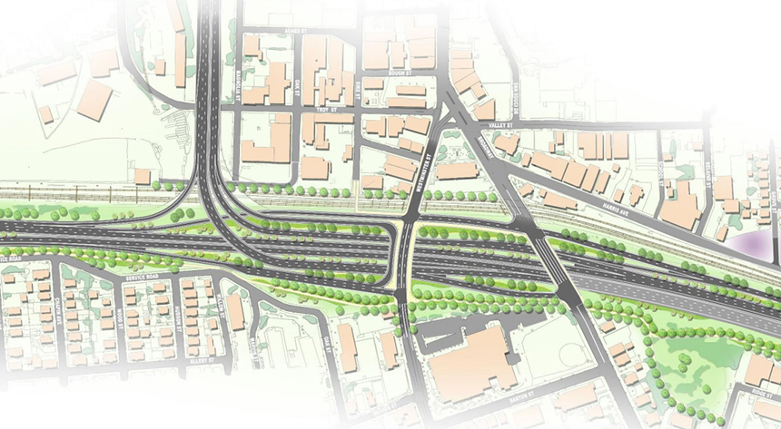 A dozen lanes of highway traffic will continue to separate Onleyville from the West End in a compromise design reached between the city of Providence and state. (RIDOT)
