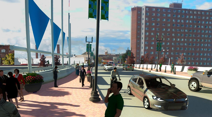 The Westminster Street bridge over the 6-10 Connector will be rebuilt using complete-streets design principles, but it will remain a four-lane road, not a two-lane road as is shown in this conceptual drawing. (RIDOT)
