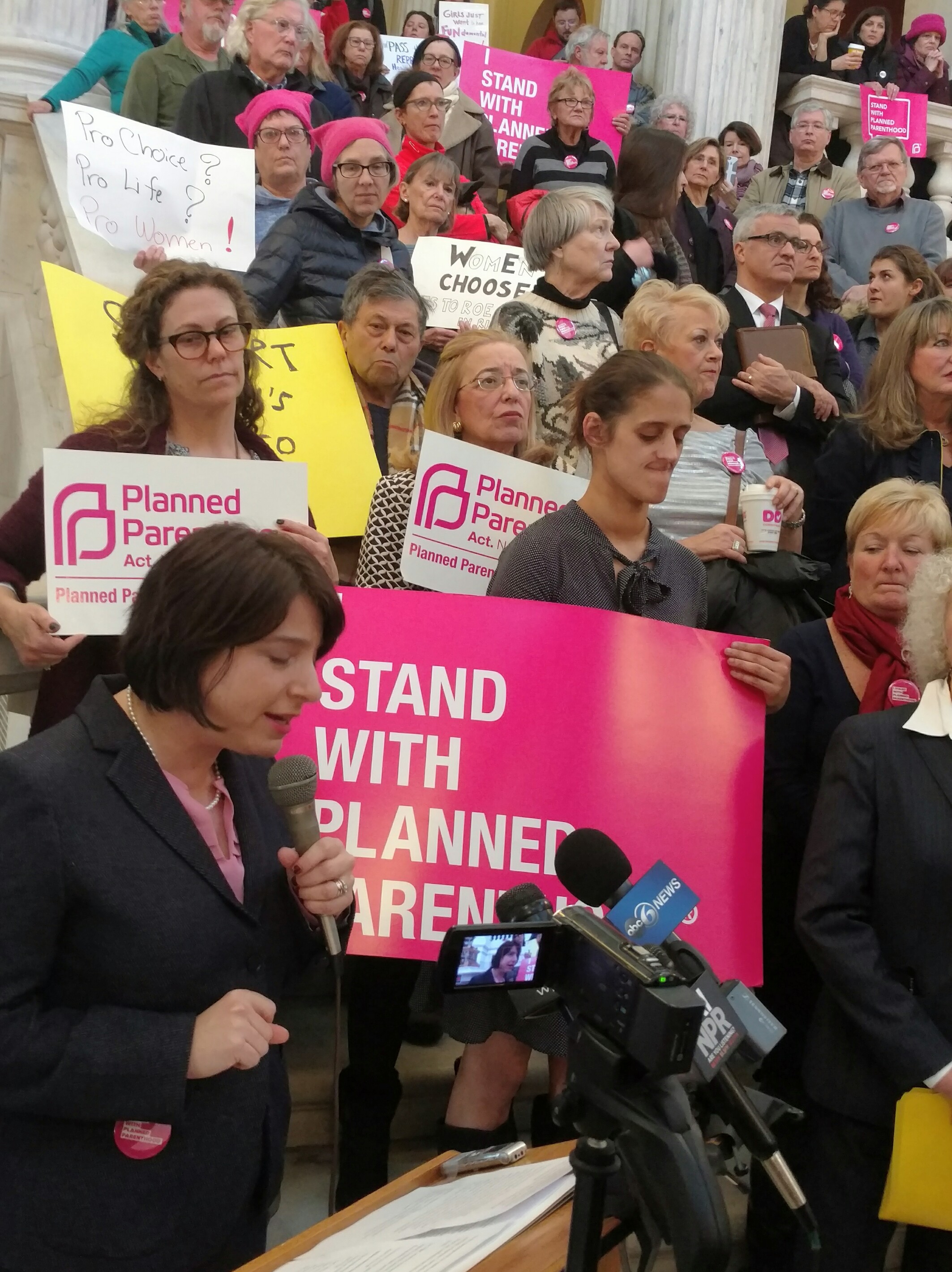 Sen. Gayle Goldin speaks during a rally for a bill to approve abortions in Rhode Island. (Tim Faulkner/ecoRI News)