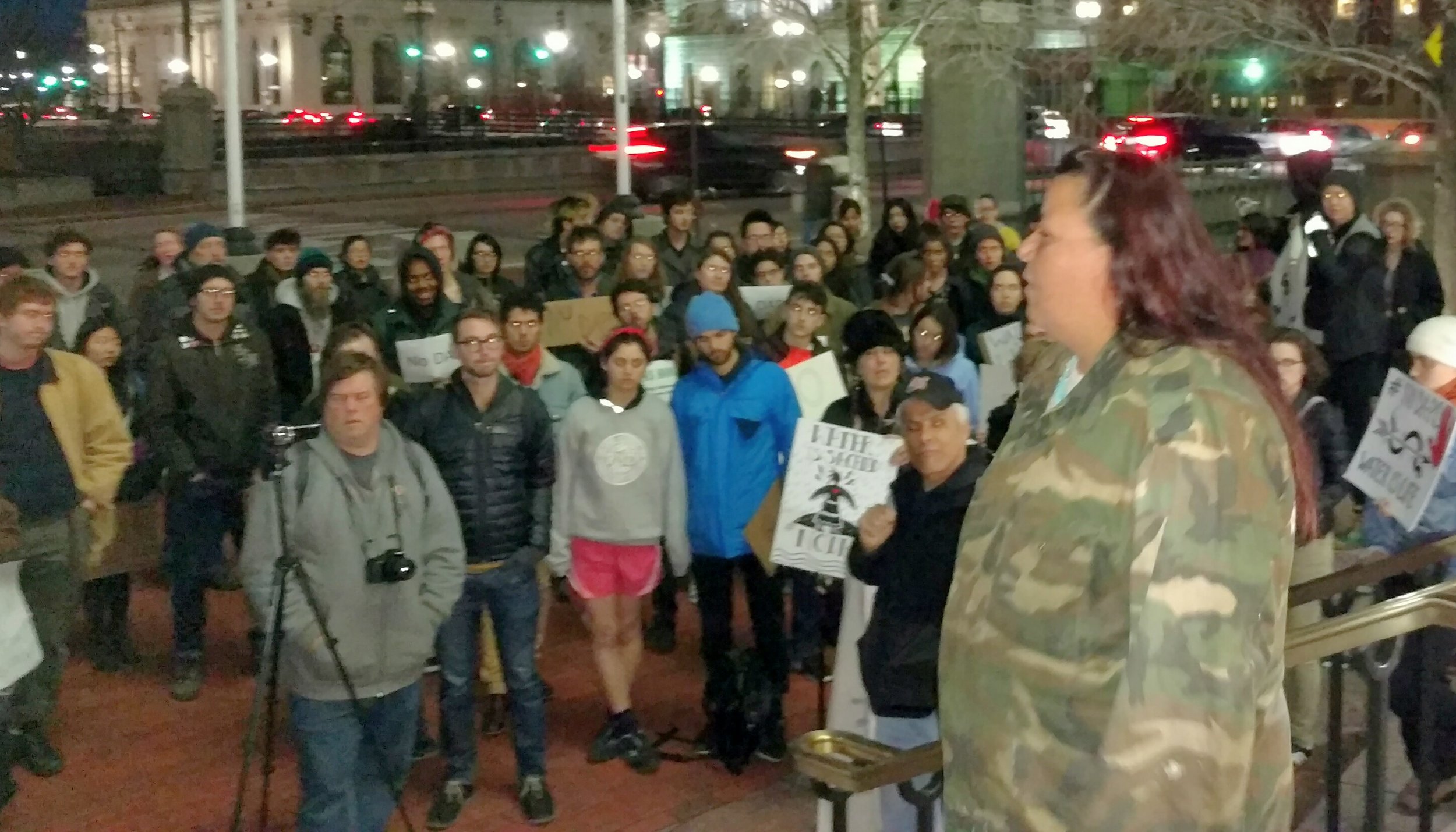 Julie Richards, a Standing Rock Sioux protester, recently led a demonstration outside Citizens Bank in Providence. (Tim Faulkner/ecoRI News photos)