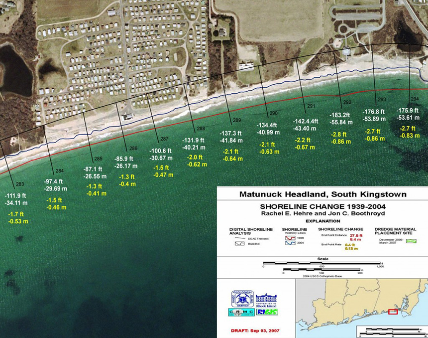 The Matunuck Beach in South Kingstown, R.I., shoreline has been eroding at a clip of 4 feet annually since the 1990s. (CRMC)