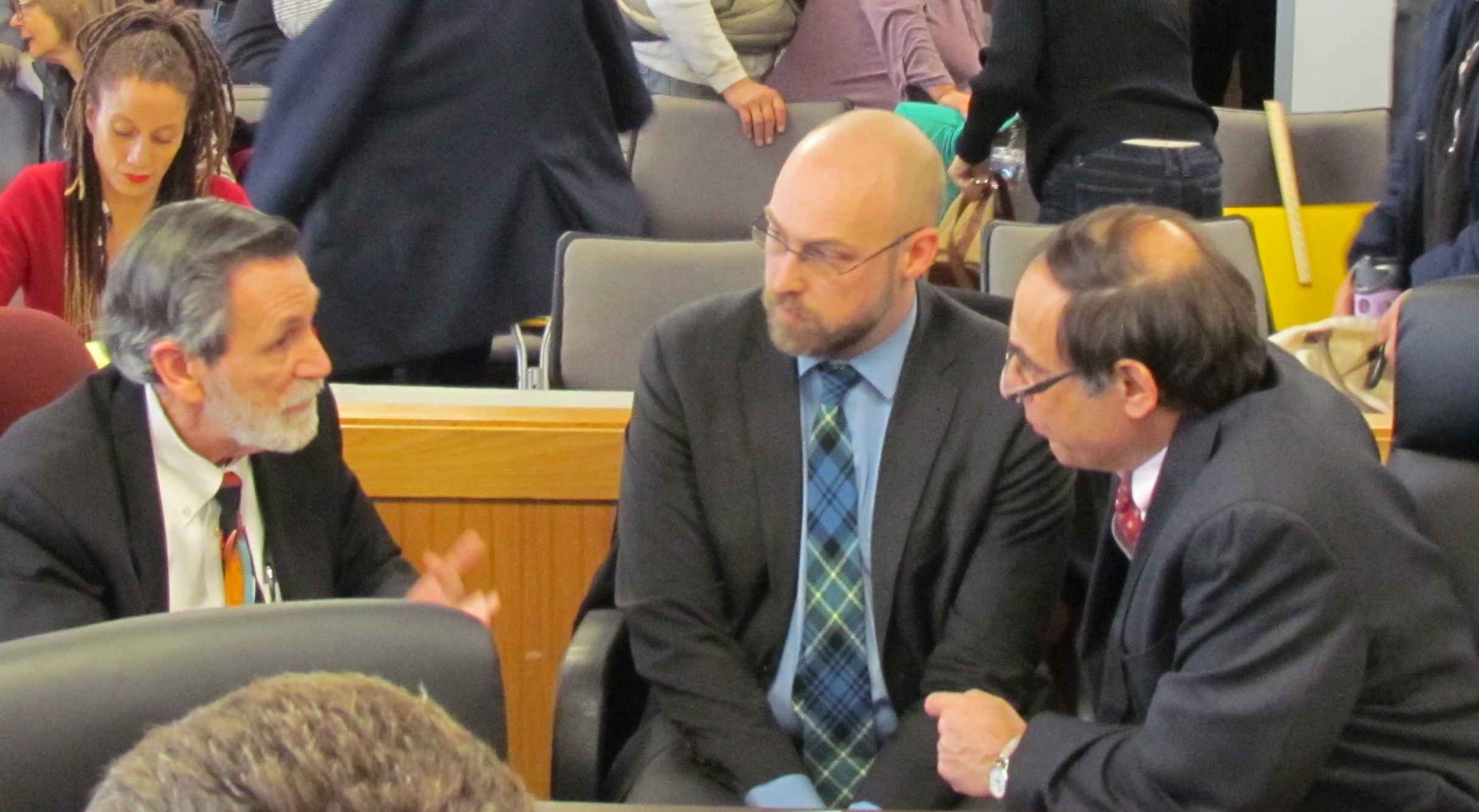 Burrillville attorney Michael McElroy, left, and Max Greene, center, and Jerry Elmer of the Conservation Law Foundation had their motions denied to dismiss and delay the Invenergy application. (Tim Faulkner/ecoRI News photos)